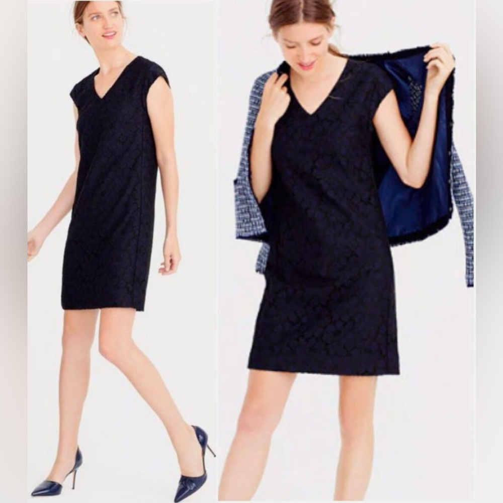 J.Crew Collection - Navy Blue Jacquard Lace Floral Cap Sleeve V-Neck Shift Dress